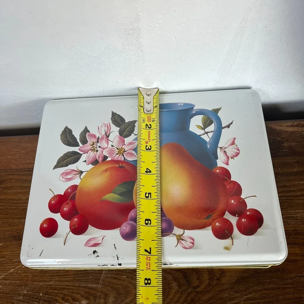 VTG Retro Fruit & Floral Metal Storage Tin England Cottage Kitchen Farmhouse Box